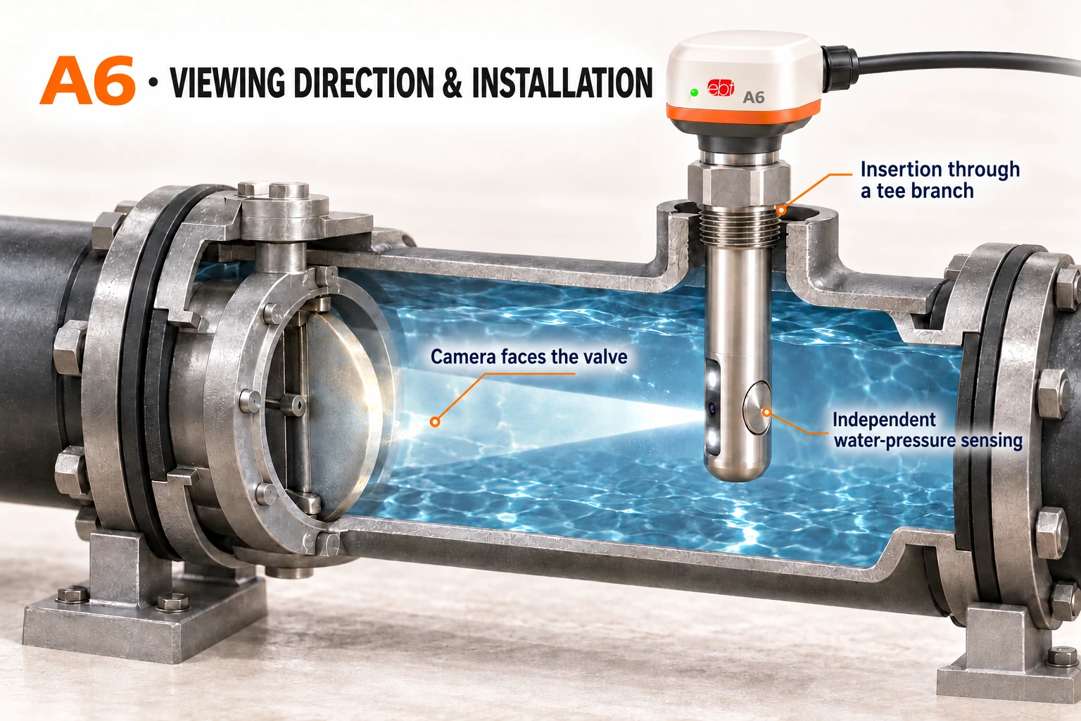 A6 tee insertion and side-view camera directed toward a butterfly valve; illustrative cutaway, not measured footage