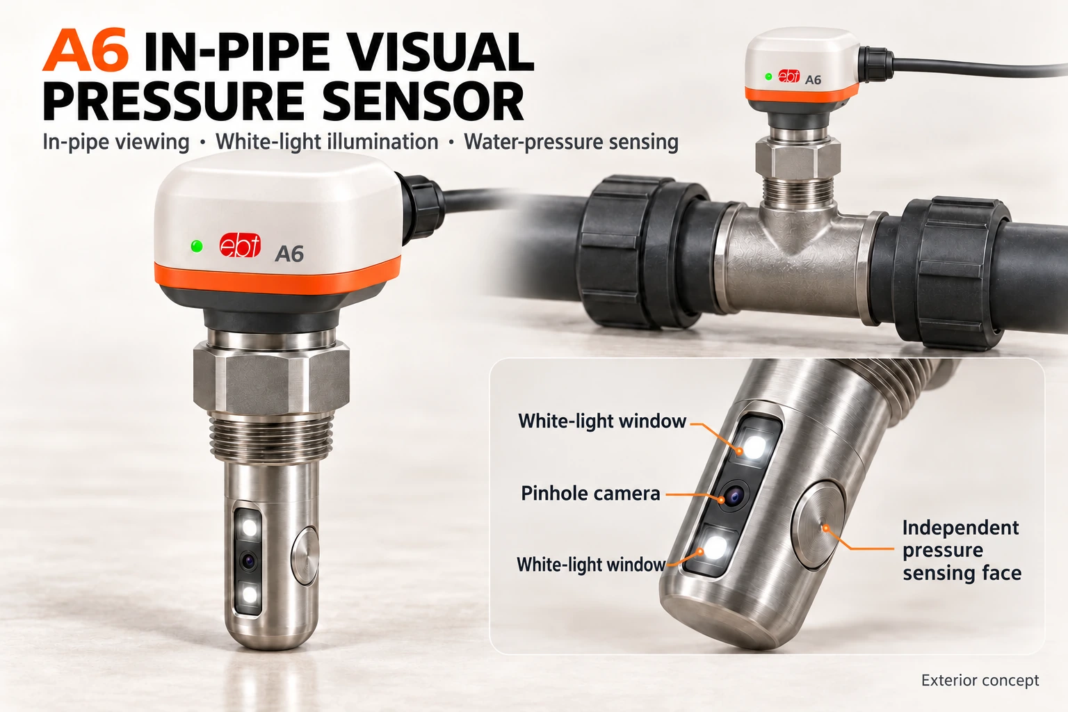 A6 in-pipe visual pressure sensor concept rendering with EBTIOT branding