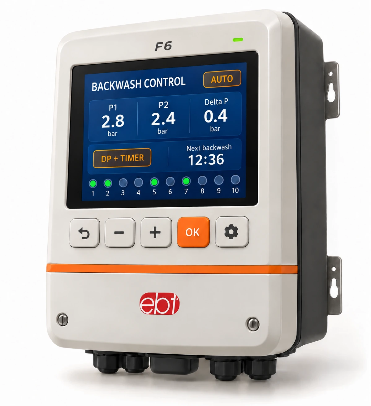 Wall-mounted F6 backwash controller concept with EBTIOT branding, landscape display and five physical keys