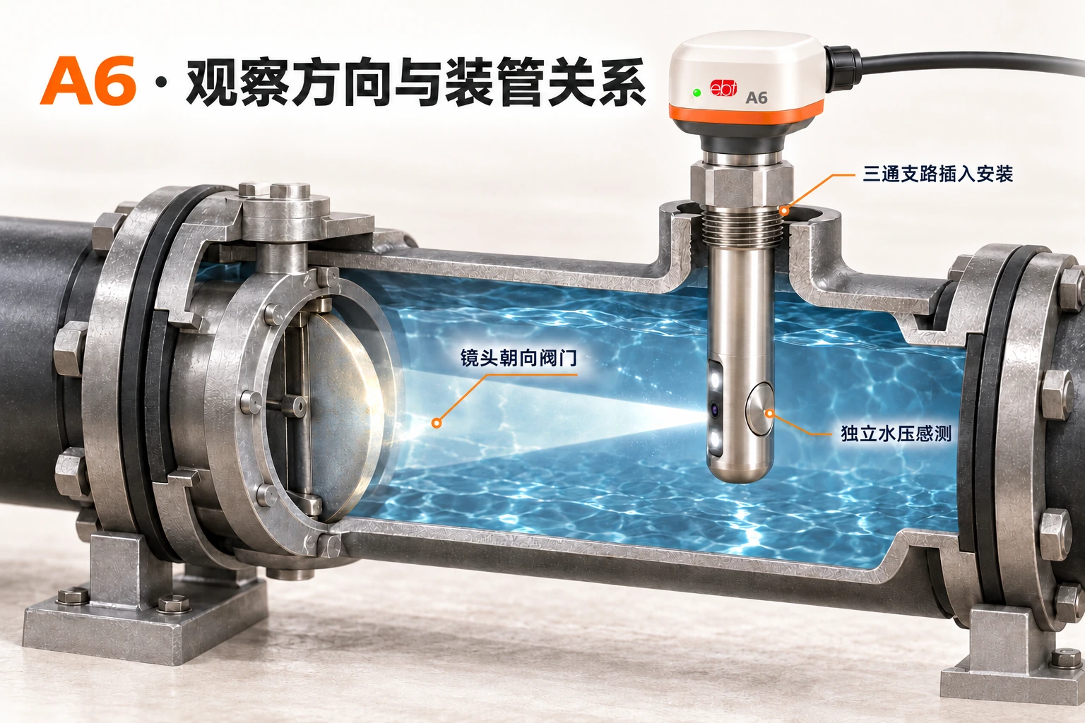 A6 三通插入与镜头朝向目标蝶阀的剖切概念示意，非实测画面